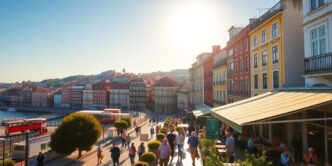 Colorful cityscape of Lisbon bustling with activity.