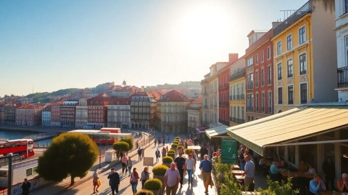 Colorful cityscape of Lisbon bustling with activity.