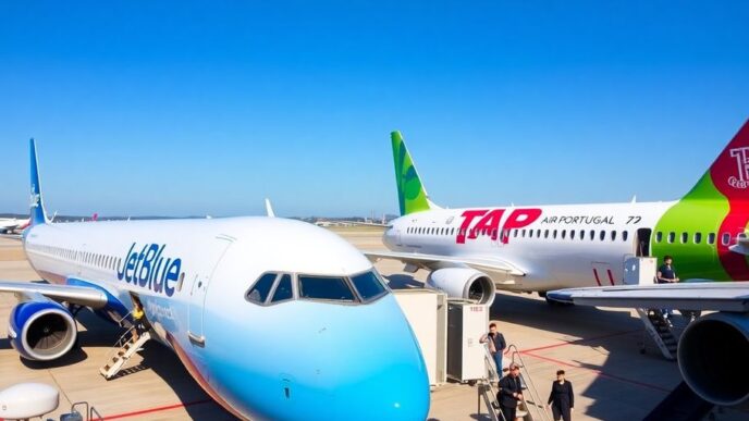 JetBlue and TAP Air Portugal planes at the airport.