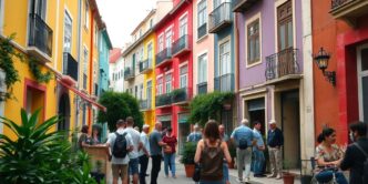 Colorful Lisbon street with people and greenery.