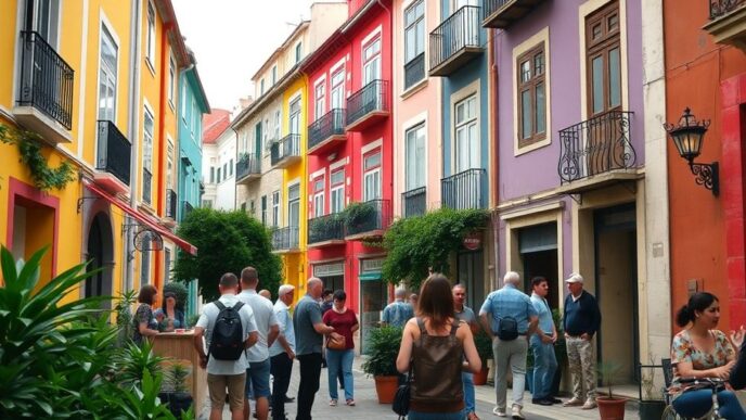 Colorful Lisbon street with people and greenery.