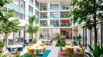 New student residence with modern architecture and greenery.