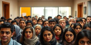 Immigrants waiting anxiously at a crowded office.