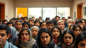 Immigrants waiting anxiously at a crowded office.