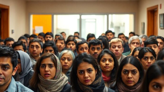 Immigrants waiting anxiously at a crowded office.