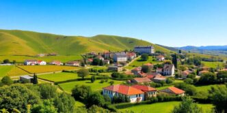 Rural landscape in Portugal with green hills and villages.