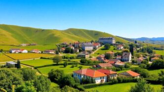 Rural landscape in Portugal with green hills and villages.