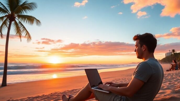 Digital nomad working on a laptop by the beach.