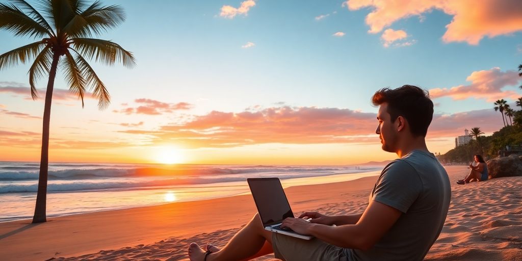 Digital nomad working on a laptop by the beach.