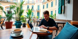 Digital nomad working in a Portuguese café.