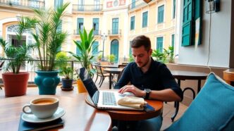 Digital nomad working in a Portuguese café.