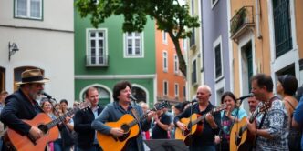 Musicians performing in a colorful Lisbon street.