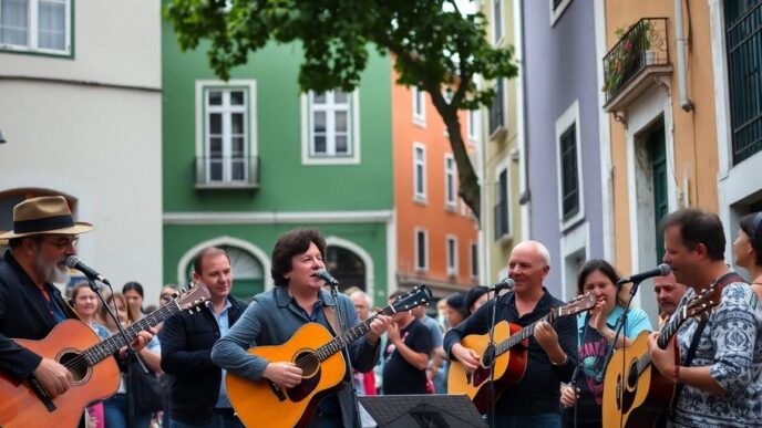 Musicians performing in a colorful Lisbon street.