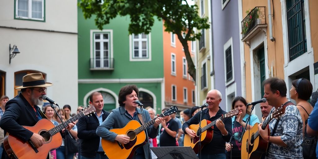 Musicians performing in a colorful Lisbon street.