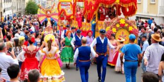 Colorful Carnaval de Torres Vedras parade with dancers and floats.