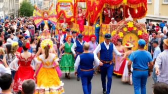 Colorful Carnaval de Torres Vedras parade with dancers and floats.