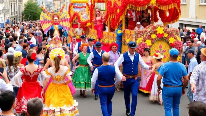 Colorful Carnaval de Torres Vedras parade with dancers and floats.