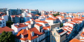 Aerial view of Lisbon's diverse housing architecture and rooftops.