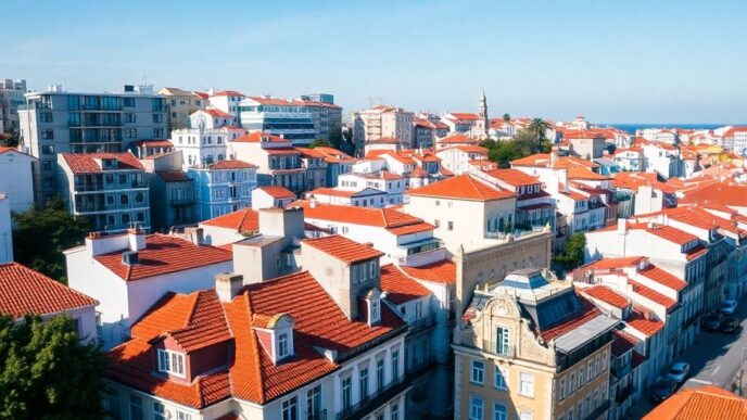 Aerial view of Lisbon's diverse housing architecture and rooftops.