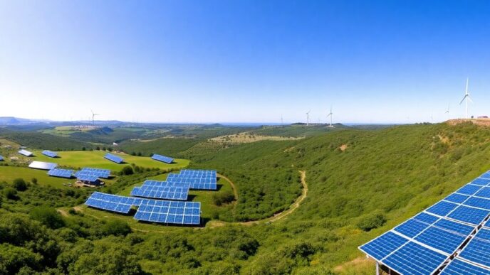 Portugal's landscape with solar panels and wind turbines.