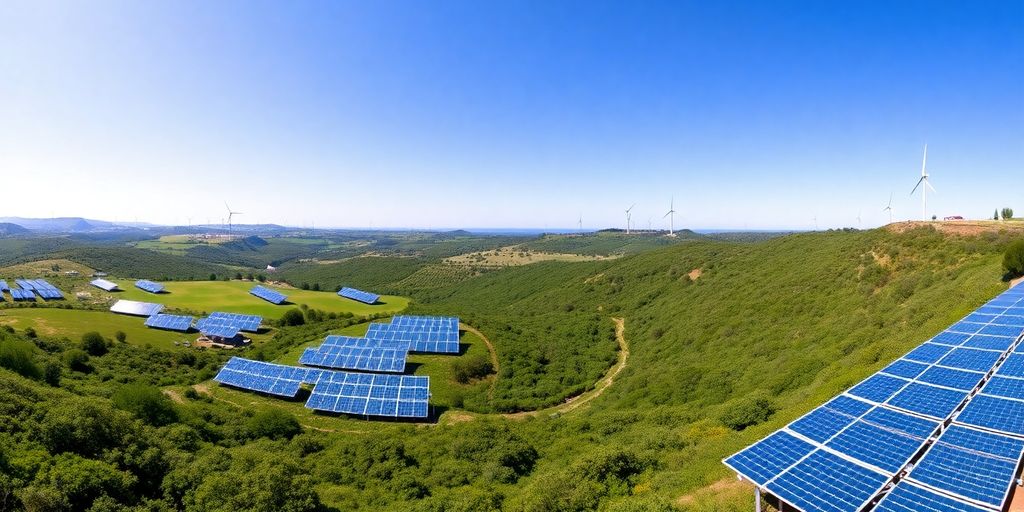 Portugal's landscape with solar panels and wind turbines.