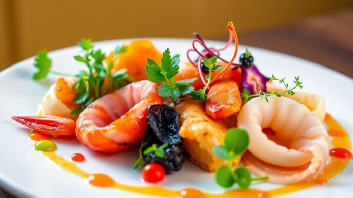 Gourmet dish with seafood and artistic garnishes.