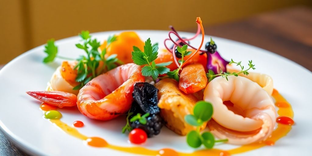 Gourmet dish with seafood and artistic garnishes.